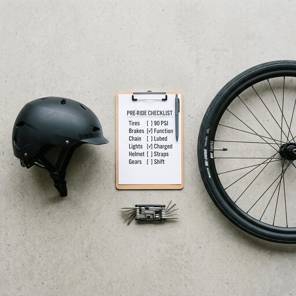 A bicycle helmet, tools, and a checklist clipboard representing accident procedures.