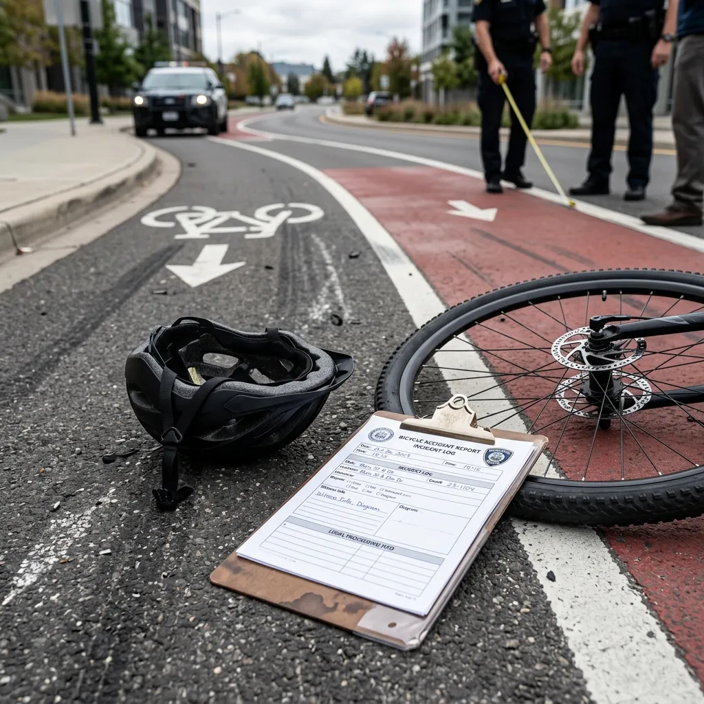 A bicycle helmet and clipboard on a road representing accident investigation.
