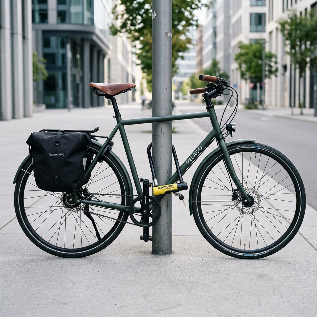 A modern city bicycle locked securely to a metal post with a heavy U-lock.