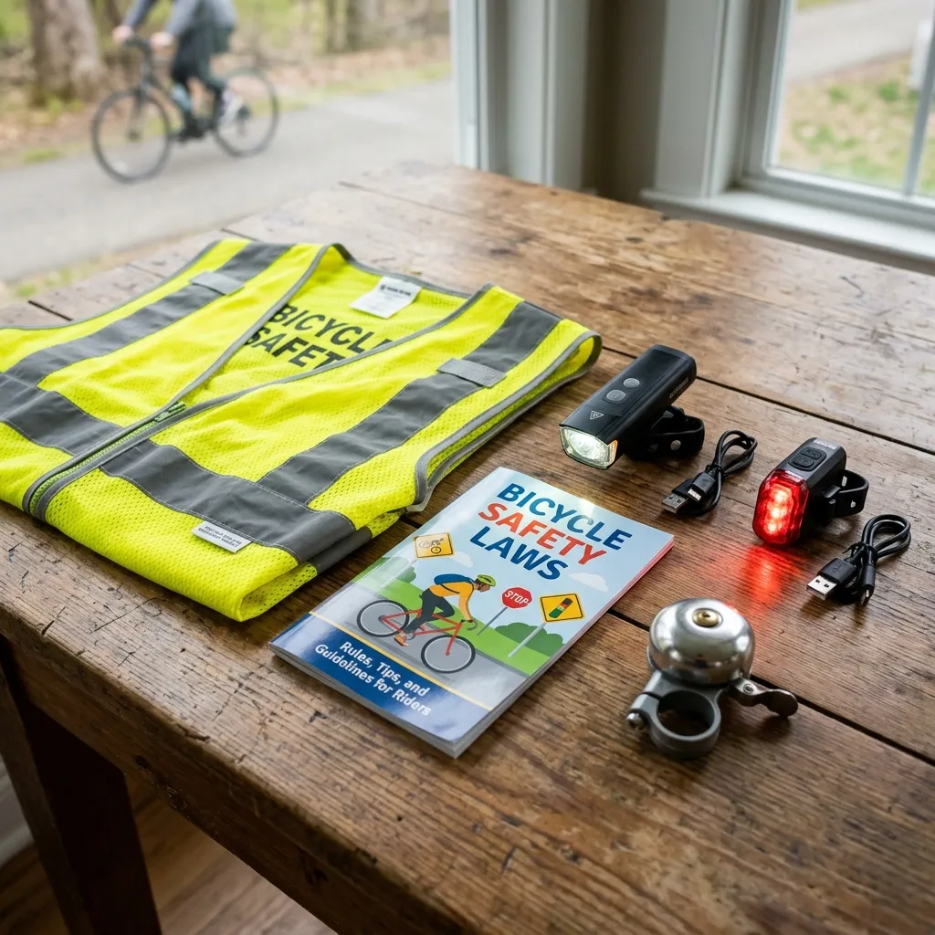 Safety gear and lights laid out next to a bicycle rules booklet.