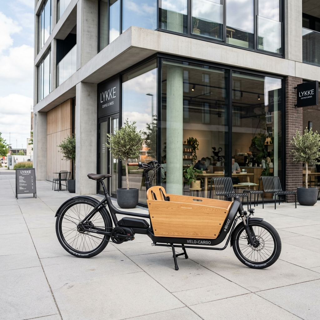 An electric cargo bike parked outside a store, loaded with gear.